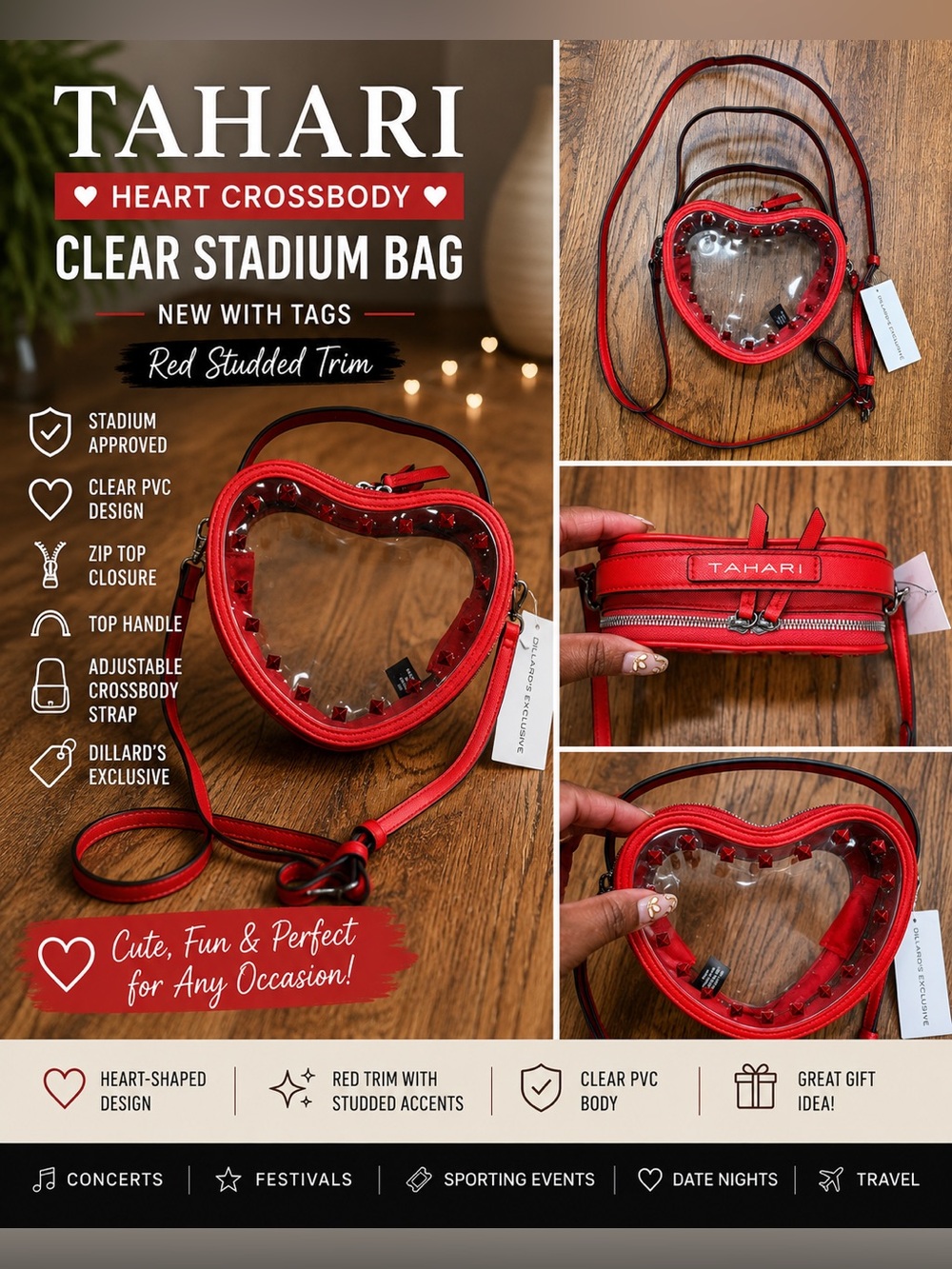 Tahari Red Heart‎ Clear Crossbody Stadium Bag